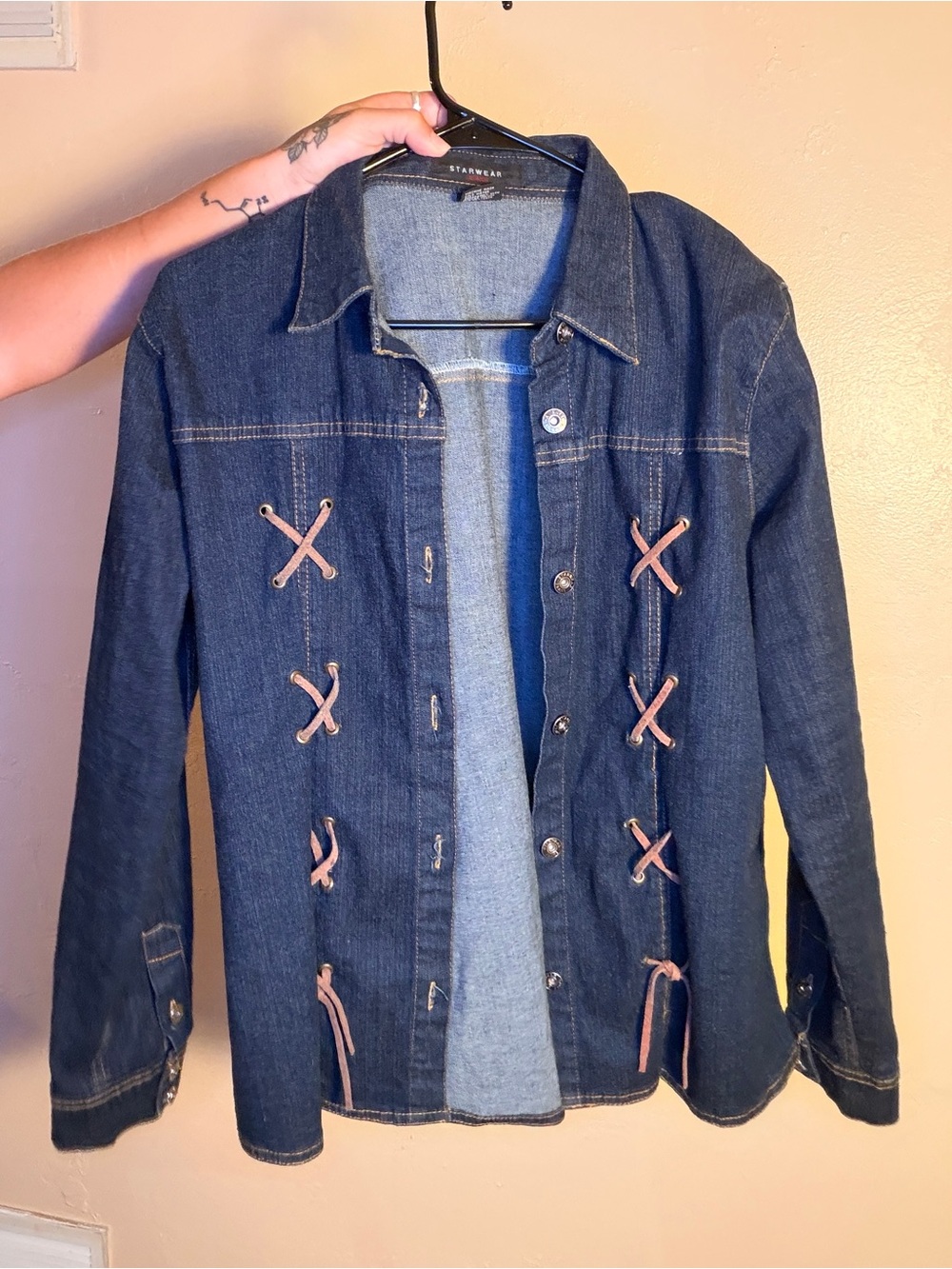 Denim Vintage Y2K Lace-Up Jacket - Dark Blue